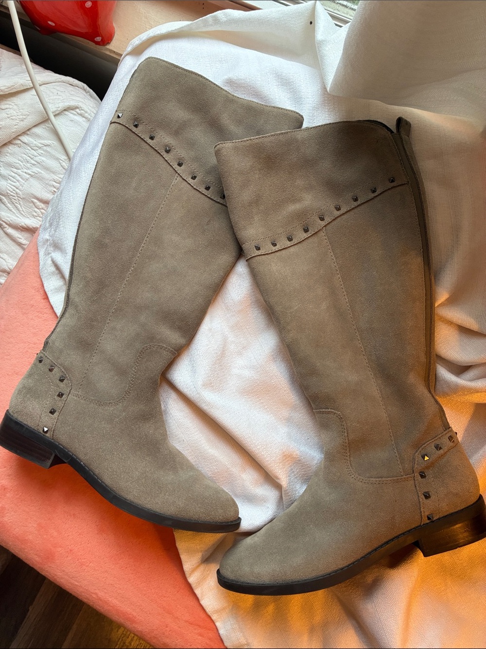 Women's Taupe Suede Knee-High Studded Boots